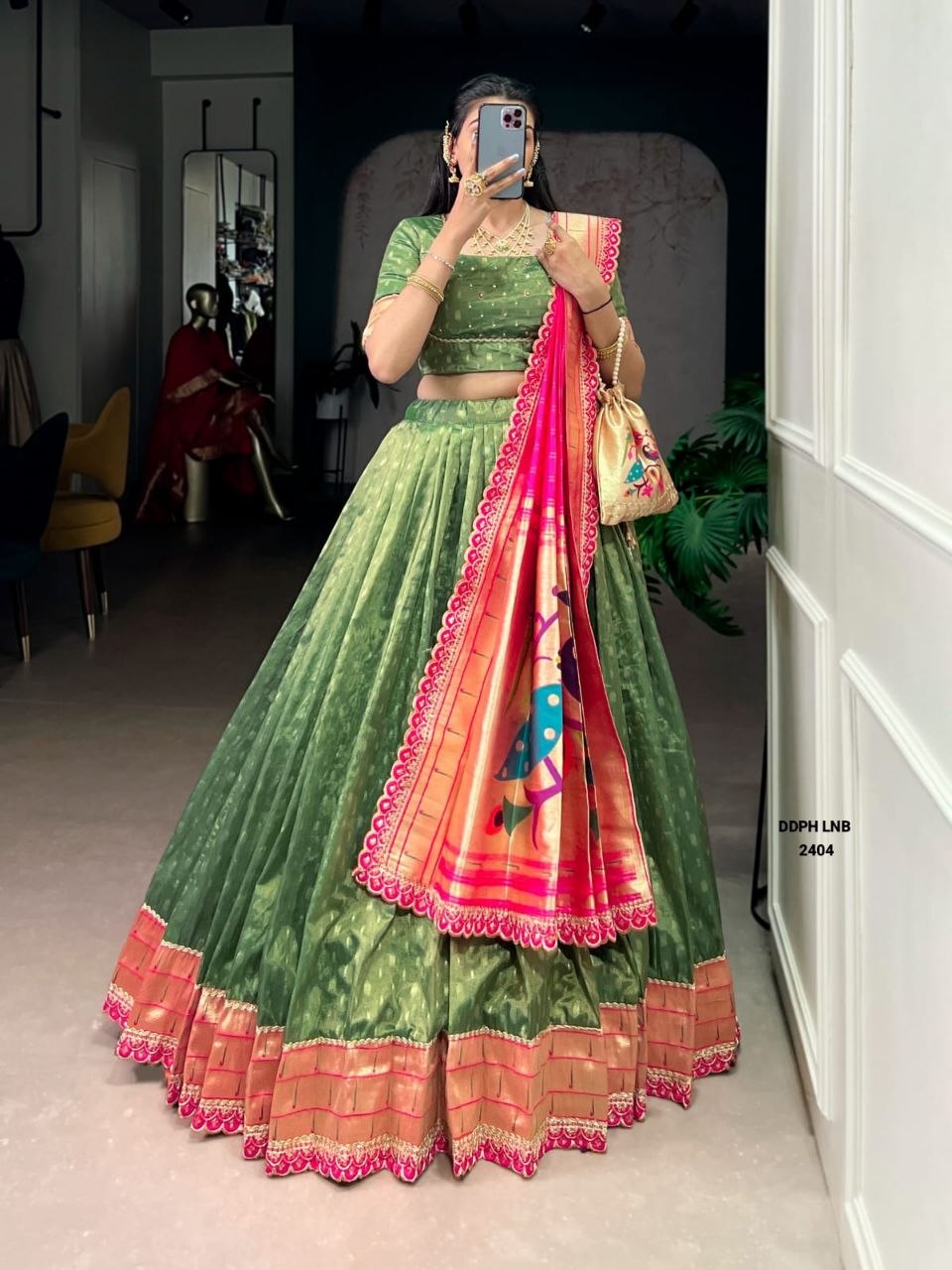 Olive Green with Pink & Gold Border Embroidery Lehenga